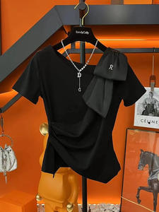 香港TIMO法式复古小众设计感蝴蝶结T恤衫夏季时尚短袖捏褶上衣女