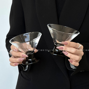 趣皿 家用圆底雪糕杯黑底创意玻璃杯红酒杯小众设计甜酒杯香槟杯