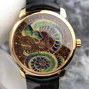 二手 雅典 鎏金系列珐琅盘手表 18K玫瑰金灵蛇图案自动机械男表