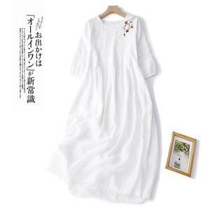 实拍 高端原创白色刺绣苎麻连衣裙文艺度假飘逸灯笼袖大摆长裙