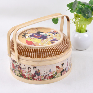 圆形仿古仕女图串丝盖定制中秋节装月饼的竹篮子竹编礼品盒竹包装