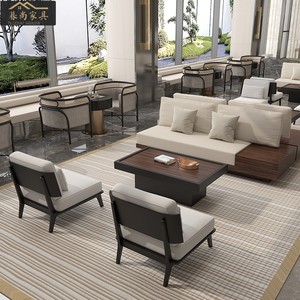 售楼处部洽谈沙发桌椅组合酒店大堂新中式实木沙发样板房家具定制