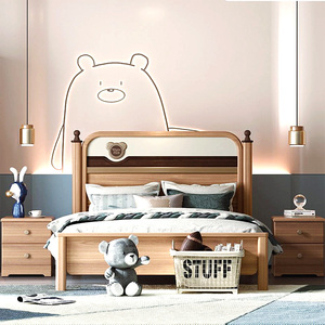 维尼熊全实木儿童床1.2 1.35 1.5米北欧美式套房家具木蜡油实木床