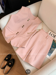 粉色小香风马甲套装女款2024新款夏季高级感小个子裤里裙子两件套