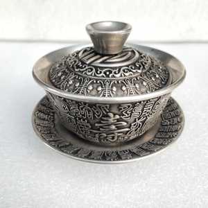 古玩铜器收藏仿古白铜镀银茶盏一套家居茶具泡茶壶客厅工艺品摆件