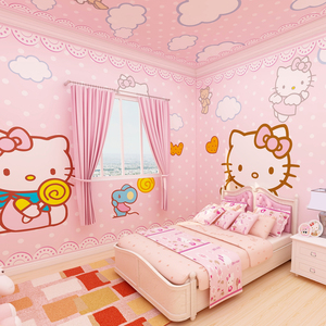 儿童房墙纸卧室壁纸女孩粉色温馨公主房kitty凯蒂猫壁画幼儿园