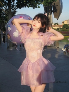 法式甜美紫罗兰连衣裙女夏季新款高级感超仙显瘦泡泡袖公主蓬蓬裙