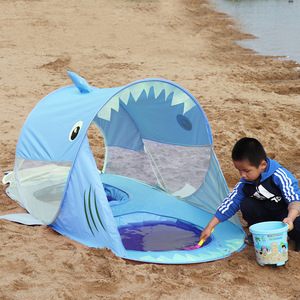 户外儿童海边沙滩帐篷便携遮阳防晒无底全自动速开双人鲨鱼小帐篷