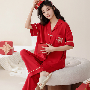 睡衣女款2024新款夏季100%纯棉短袖对襟中式红色本命年家居服套装