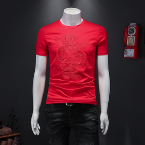 男士中国风夏季刺绣花T恤大红色短袖龙袍大码圆领半袖龙年体恤衫