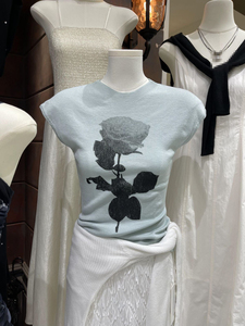 十三行夏装女2024新款设计感小众修身圆领针织衫暗黑玫瑰印花上衣