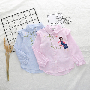韩版童装女童长袖衬衫2018春季新款中小儿童纯棉卡通刺绣翻领衬衣