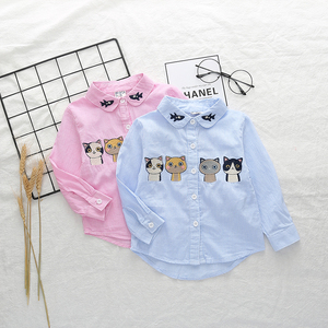 韩版童装女童卡通小猫刺绣长袖翻领衬衣18春季新款中小童纯棉衬衫
