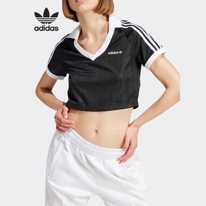 Adidas阿迪达斯三叶草短款T恤女2024夏款时尚翻领休闲短袖IR9780