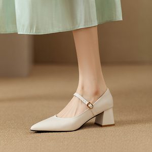 方根米白色单鞋女2024春秋季新款真皮女士法式气质粗跟尖头高跟鞋