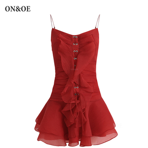 ONOE法式纯欲2024小个子赫本风红裙设计感海边度假短吊带连衣裙女