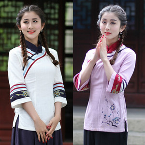 唐装女中国风棉麻印花中袖上衣短款江南风夏季薄款民族风女装短袖