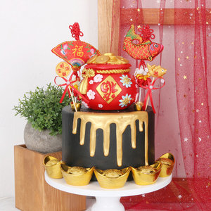 新年翻糖蛋糕装饰红色福袋金币存钱罐甜品台派对生日蛋糕装饰摆件