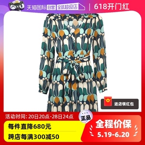 【自营】PINKO女士春秋季抽象图案印花V领系扣长袖连衣裙短裙
