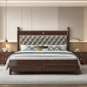 乌金木纯实木床主卧室软包大床简约现代高箱储物1米8双人床新中式
