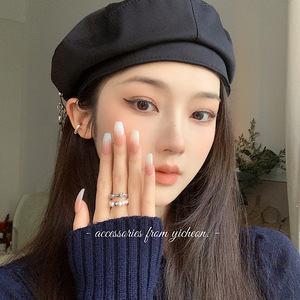 YIcheon不规则珍珠戒指女韩国ins风 双层冷淡金属质感开口指环B50