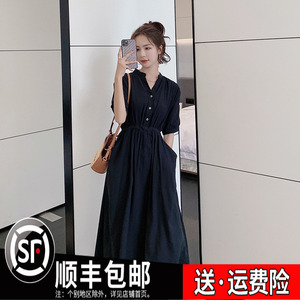 高级感黑色连衣裙女夏季2024新款法式赫本风chic显瘦气质衬衫长裙
