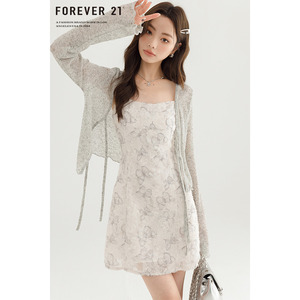 Forever21 法式甜美风别致印花吊带连衣裙女薄款防晒开衫两件套装