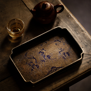 梵悦 纯手工漆绘 黄铜 仿古壶承宋式炭烧 树皮纹做旧壶垫茶盘