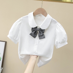 女童学院风衬衫短袖新款儿童韩版洋气白色上衣中大童夏季半袖衬衣
