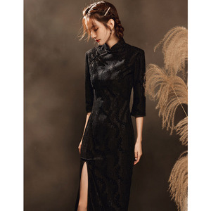 黑色蕾丝旗袍2024春季新款改良版年轻款复古中国风长款显瘦连衣裙