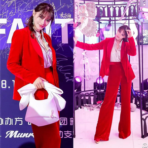 红色金丝绒西装套装女韩国viki西装外套ins潮百搭英伦风2019时尚