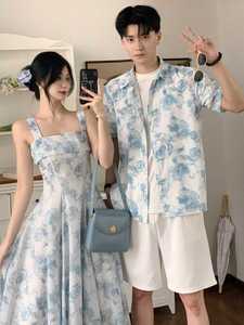 小众设计感情侣装夏季2024韩版短袖衬衫度假风法式连衣裙一裙一衣