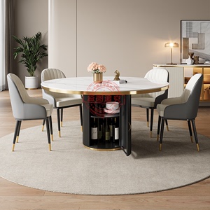 轻奢大理石餐桌椅组合现代简约带转盘圆桌饭桌家用小户型岩板歺桌