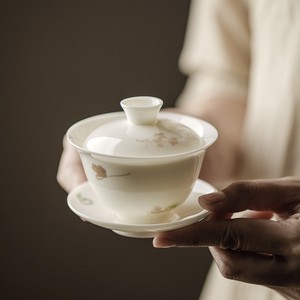 束刻中式繁文猪油白釉三才盖碗茶杯白瓷薄胎陶瓷茶碗功夫茶具套装
