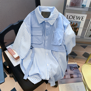 蓝色条纹cityboy港风假两件衬衫女夏季小众休闲日系工装短袖上衣