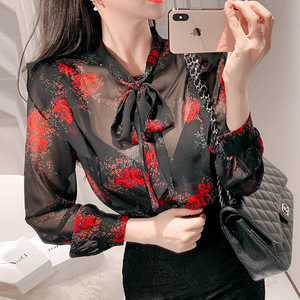 2019春季新款韩版女装OL气质系带雪纺印花衬衫百搭显瘦长袖上衣潮