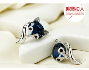 s925纯银可爱甜美狐狸水晶耳环韩版时尚气质耳钉套装耳饰品包邮