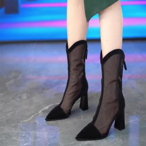 尖头高跟凉靴女2024年夏季新款韩版拼接透气网纱中筒靴粗跟时装靴