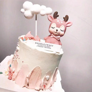 可爱粉色小鹿烘焙装饰 蝴蝶结梅花鹿生日蛋糕 一鹿有你甜品台摆件