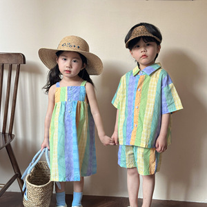 2024新款兄妹装儿童夏季短袖男女童装亲子装姐弟装吊带裙纯棉套装
