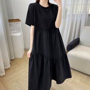 黑色短袖赫本风连衣裙女夏季2024新款韩版宽松显瘦大码中长款裙子