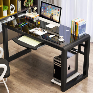 电脑桌台式家用带键盘托简约办公桌卧室经济型书桌钢化玻璃写字桌