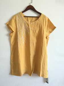 雪丹枝正品女装夏装短袖中长款黄色刺绣圆领套头衫苎麻女上衣675