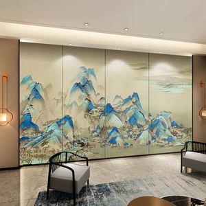 定制新中式复古千里江山刺绣硬包背景墙沙发电视酒店床头墙布壁画