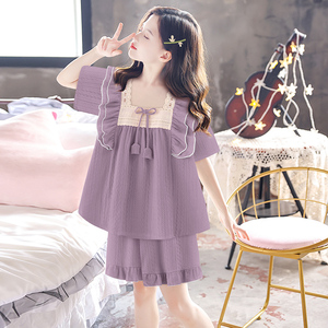 小女孩睡衣短袖夏季纯棉韩式甜美公主中大女童儿童花边家居服套装