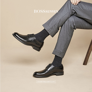 BOSSsunwen皮鞋男商务正装真皮婚鞋德比鞋休闲男士英伦黑色西装鞋