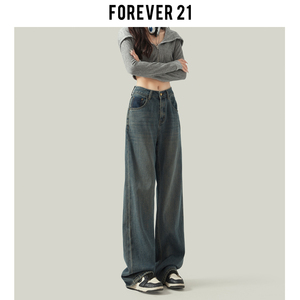 Forever 21水泥灰直筒牛仔裤女2024年新款复古港风显瘦垂感阔腿裤