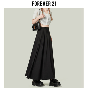 Forever21赫本黑色高腰百褶裙女伯克利A字半身裙大摆中长西装裙子