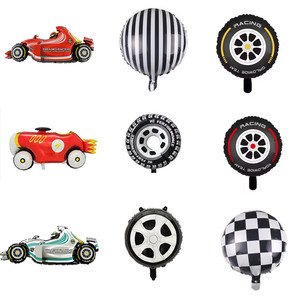 F1新款18寸圆形方格条纹铝膜气球 异性赛车轮胎主题派对气球