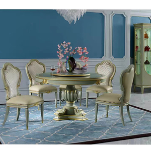 法式实木轻奢雕花圆形餐桌椅组合欧式新古典别墅带转盘餐台餐椅